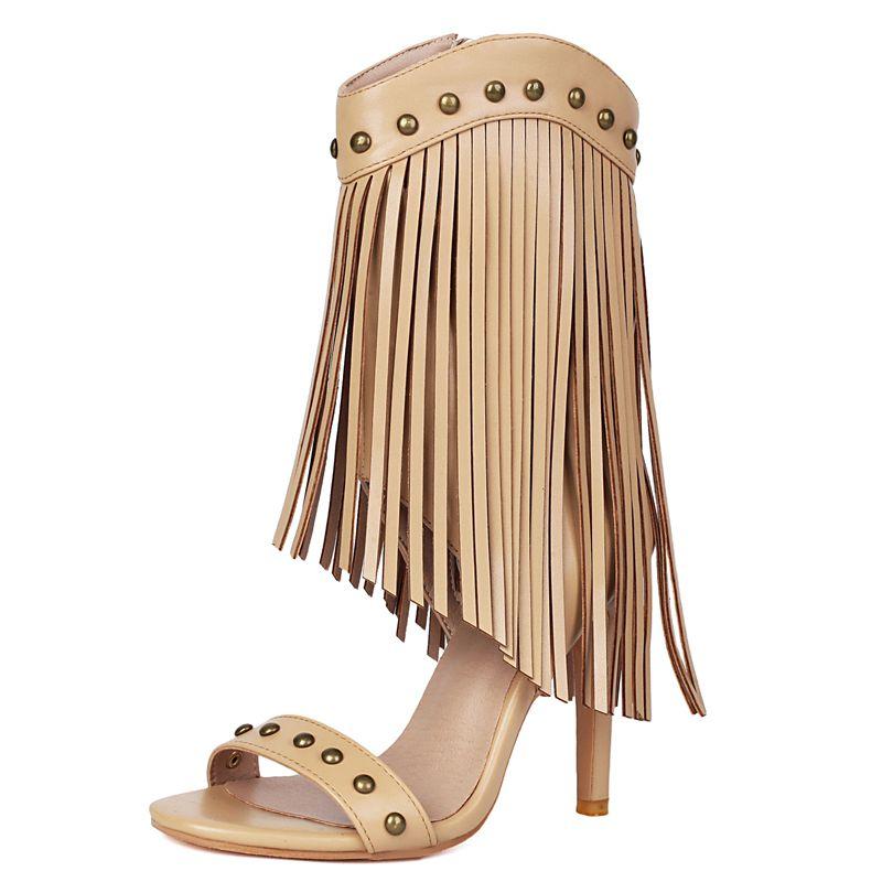 Design Female Sandals Open Toe Stiletto 10.5cm Rivets Metal Decor Plus Size 45 46 47 48 Tassels Dating Fashion Shoes