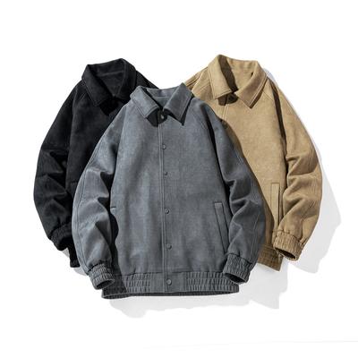 Spring and Autumn Men's Fashion Versatile Lapel Jacket Solid Color Retro Color Suede Baseball Jacket Men's