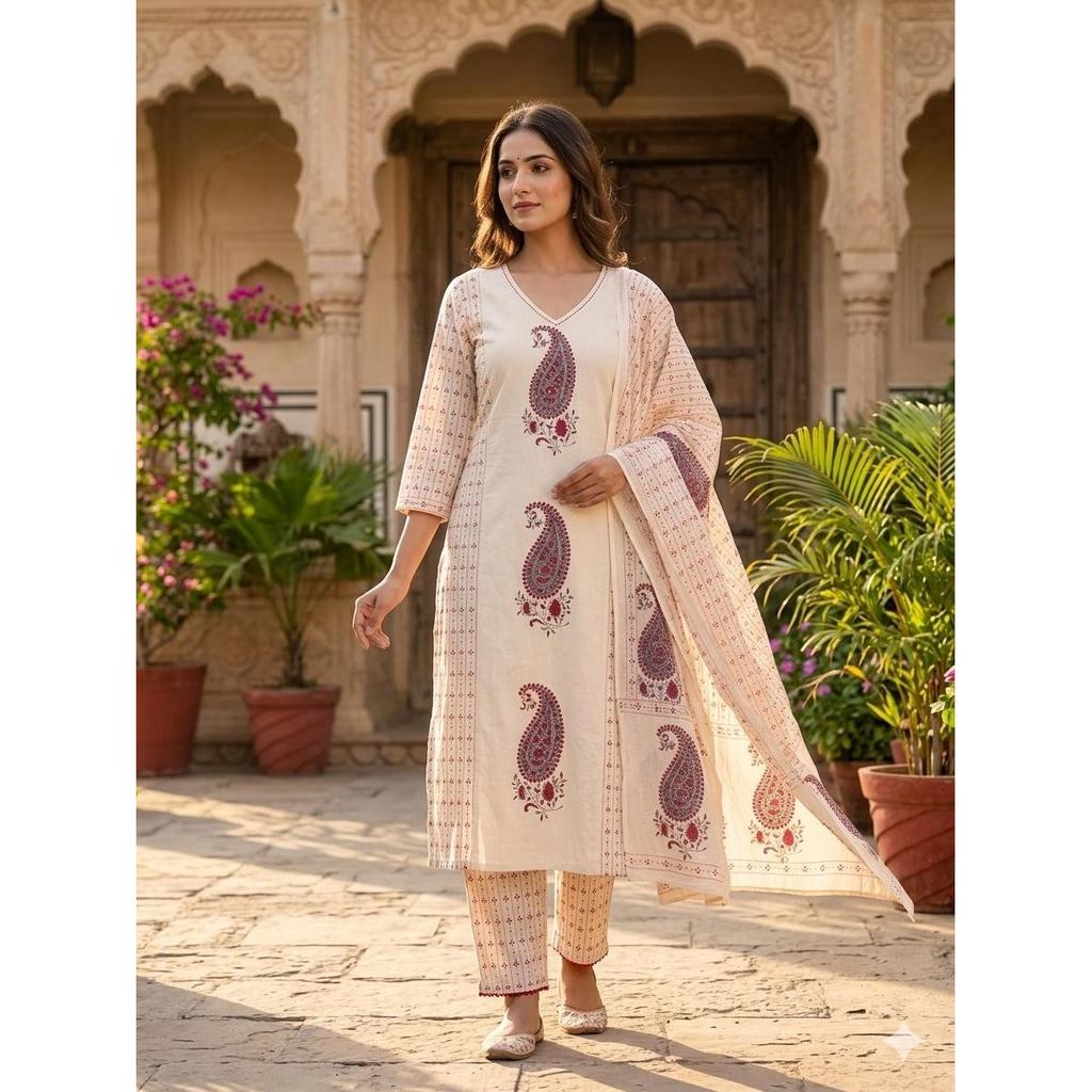 Pure Cotton Straight Kurti Pant Dupatta Set Indian Women Casual Wear Kurta Set