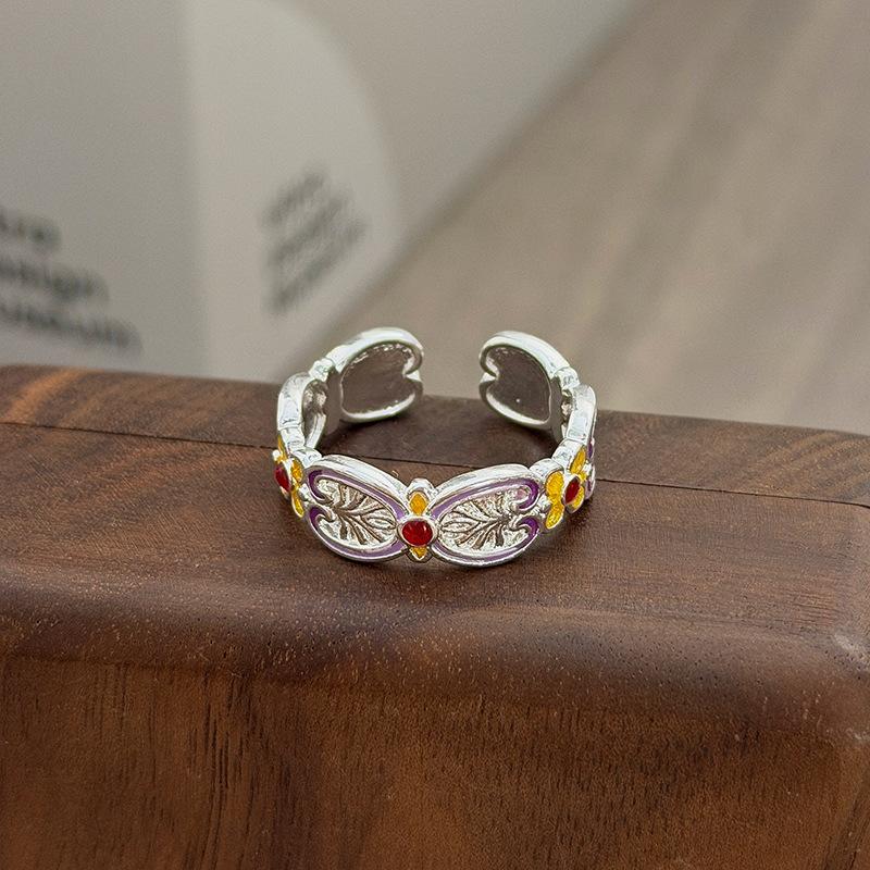 Niche High-End Sweet Sister Country Tide Style Colored Enamel Flower Retro Pattern Open Ring Stacked With Personalized Ring