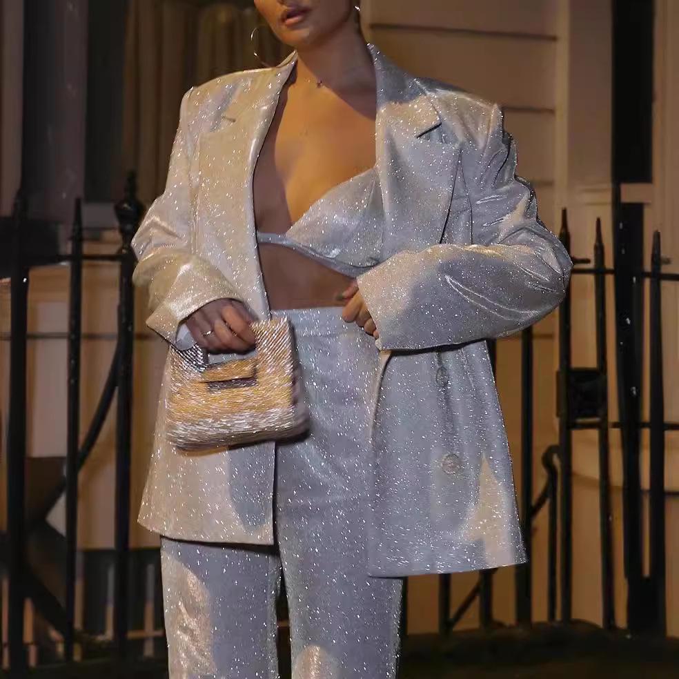 Women’s Fashionable Autumn & Winter Glitter Suit: Three-Piece Set with Jacket, Underwear, & Straight-Leg Pants.