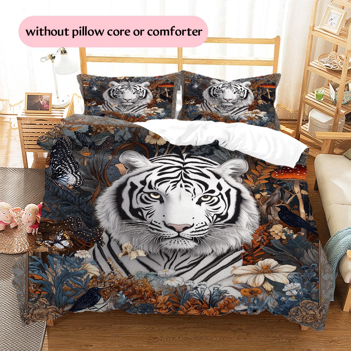 

White Tiger Pattern Bedding Quilt Set Quilt Cover Pillowcase Home Decoration Gift (1 * duvet cover + 2 * pillowcase, without core) 135x200cm