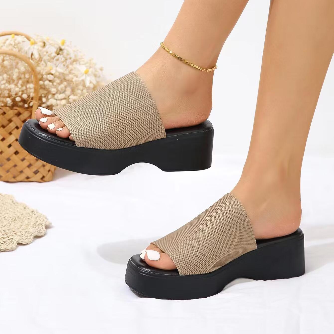 

2023 летние новые тапочки на толстой подошве с рыбьим ртом, однотонные повседневные пляжные тапочки с открытым носком в одну линию 37 бежевый