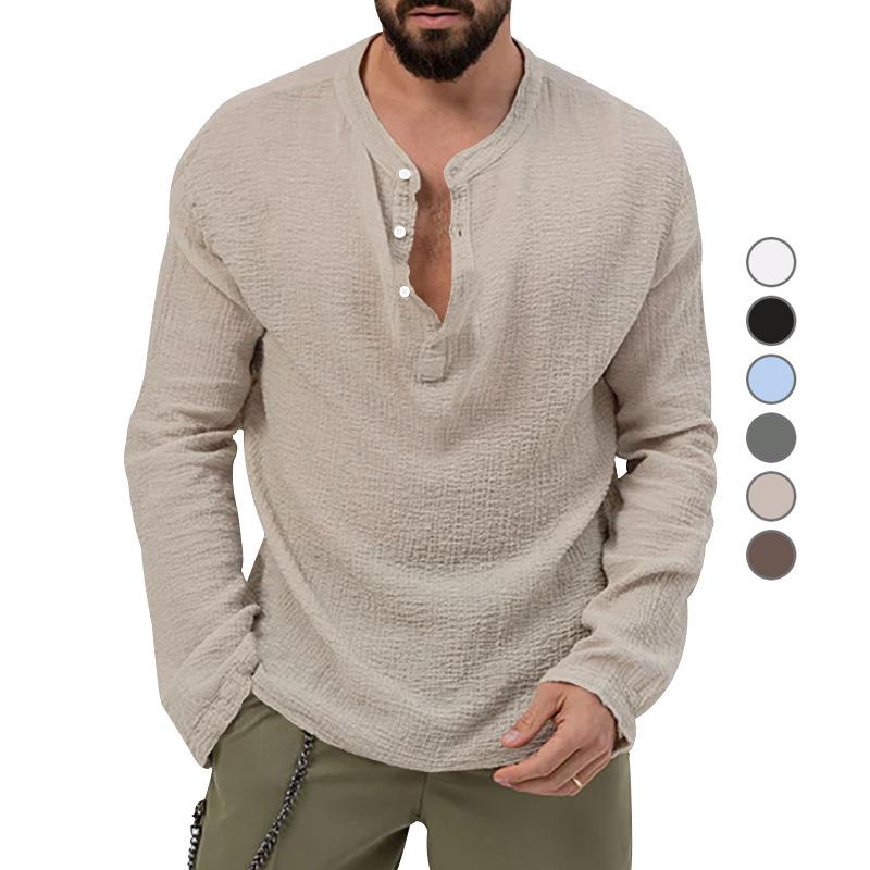 New Autumn Long Sleeve T-shirt Men's Loose Button V-neck Top