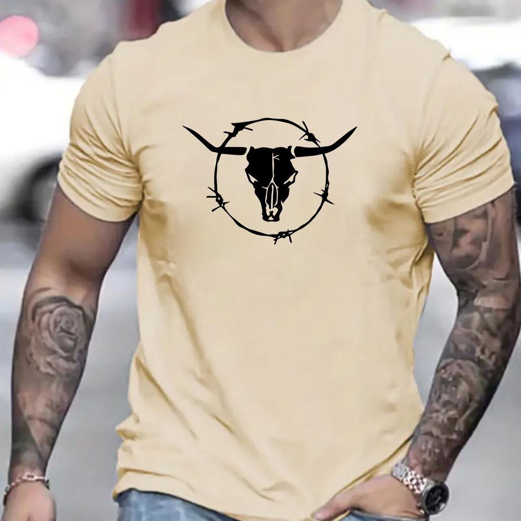 Men's Summer 100 Cotton Fashionable Casual Loose Plus Size Bull Skull Print Sports Round Neck Short Sleeved T-shirt Top
