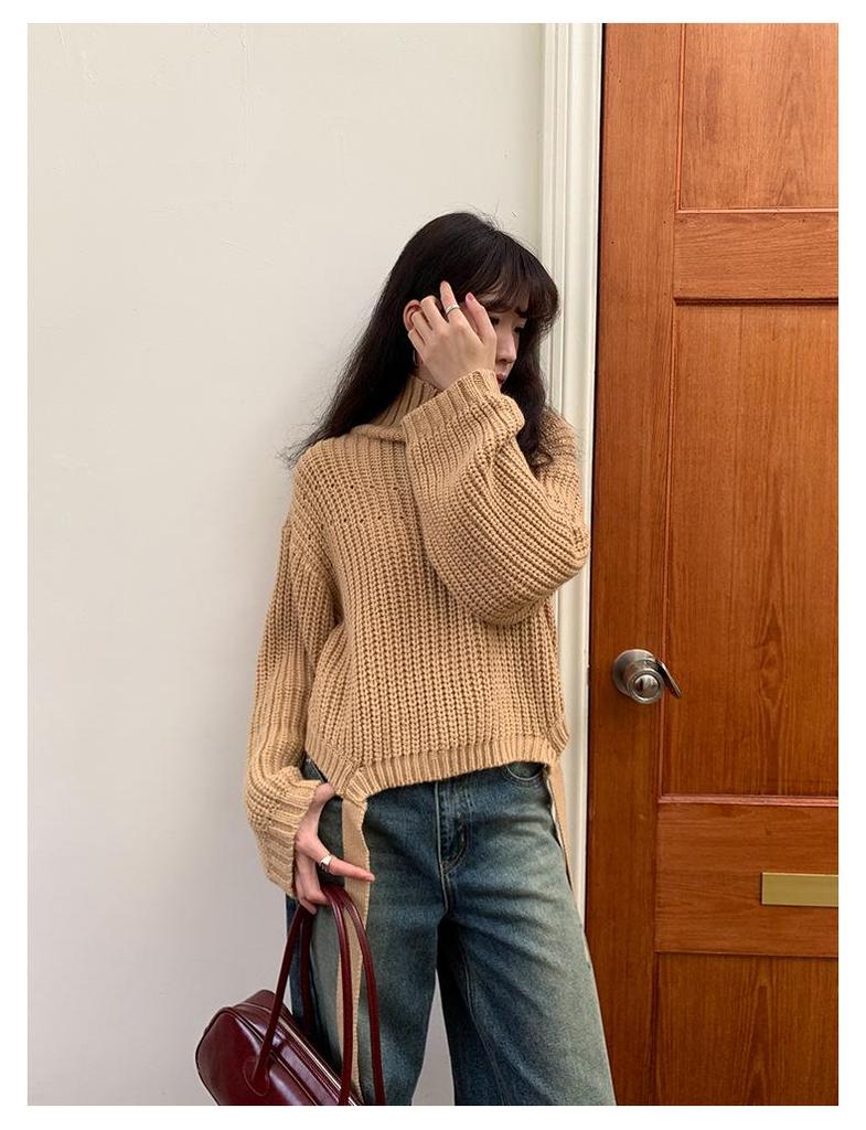 French Lazy Style High Neck Sweater: Tie-Up Knit Top for Women with Loose Long Sleeves