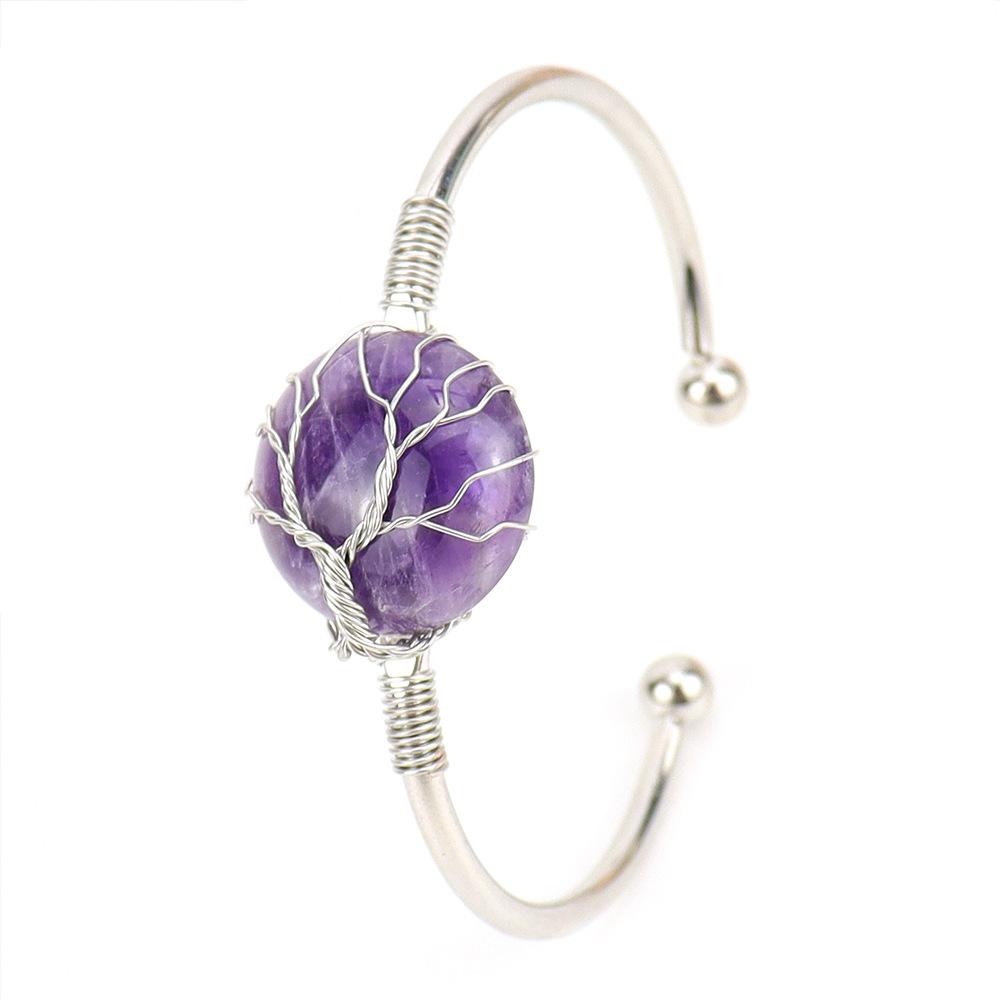 Handmade Silver Wire Winding Round Rough Stone Crystal Amethyst Bracelet Bracelet Bracelet B67