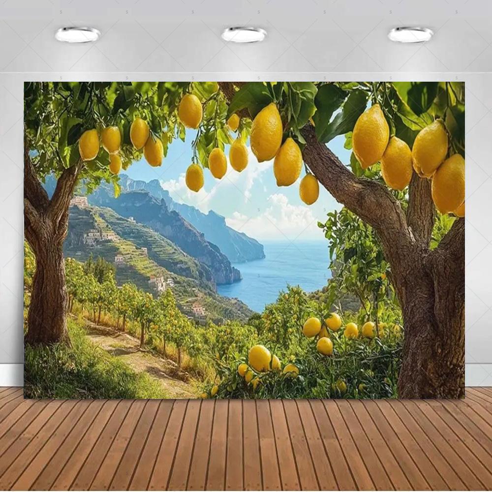 Seaside Town Lemon Tree Background Banner Open Window Landscape Backdrop Supplies Photography Prop Birthday Party Decorations