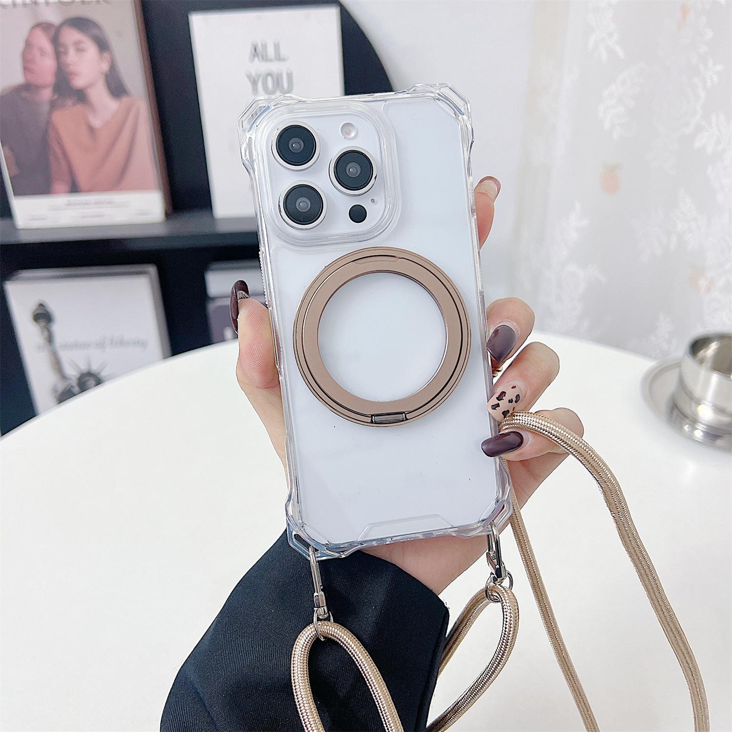 

For iPhone 15 Pro Magnetic Case Ring Kickstand TPU+PC Phone Cover with Lanyard Brown