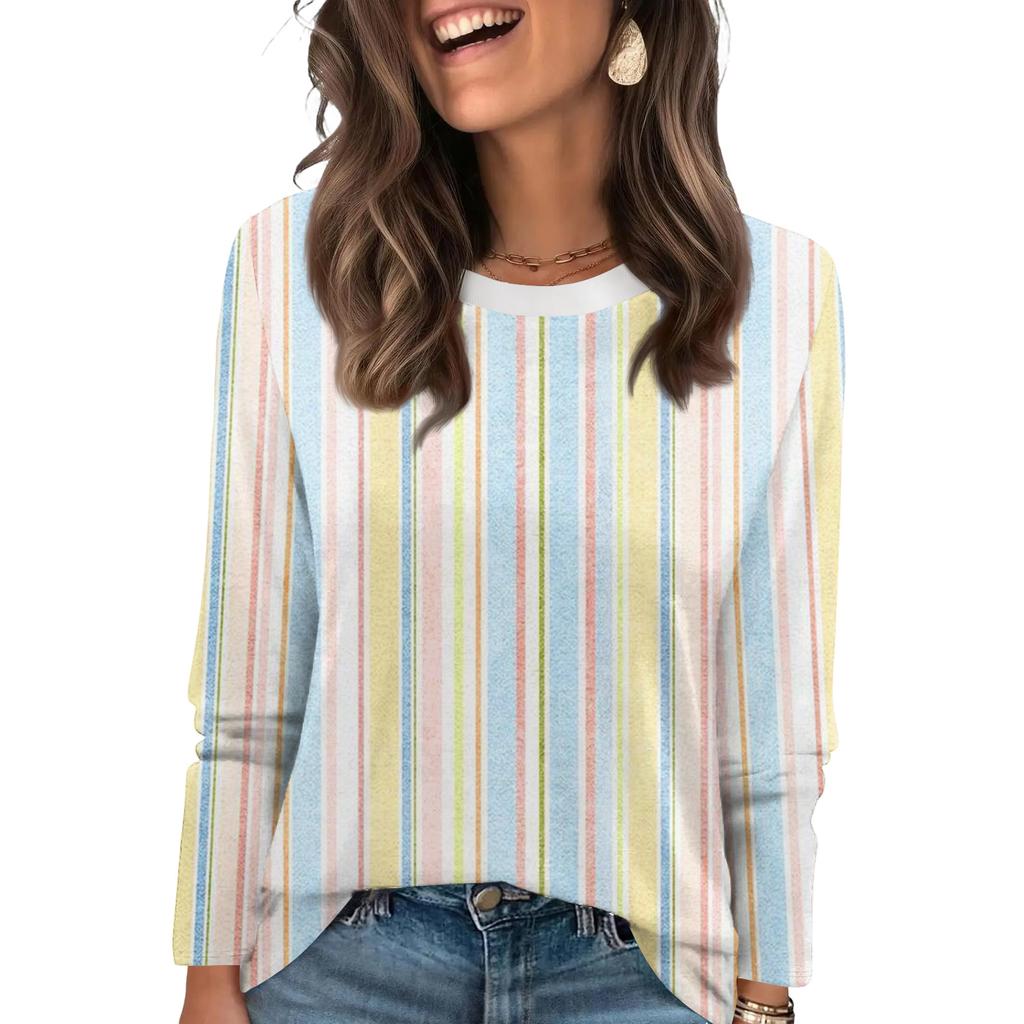 Ladies' Striped Printed Fashionable Casual Round Neck Long Sleeved Round Neck Top