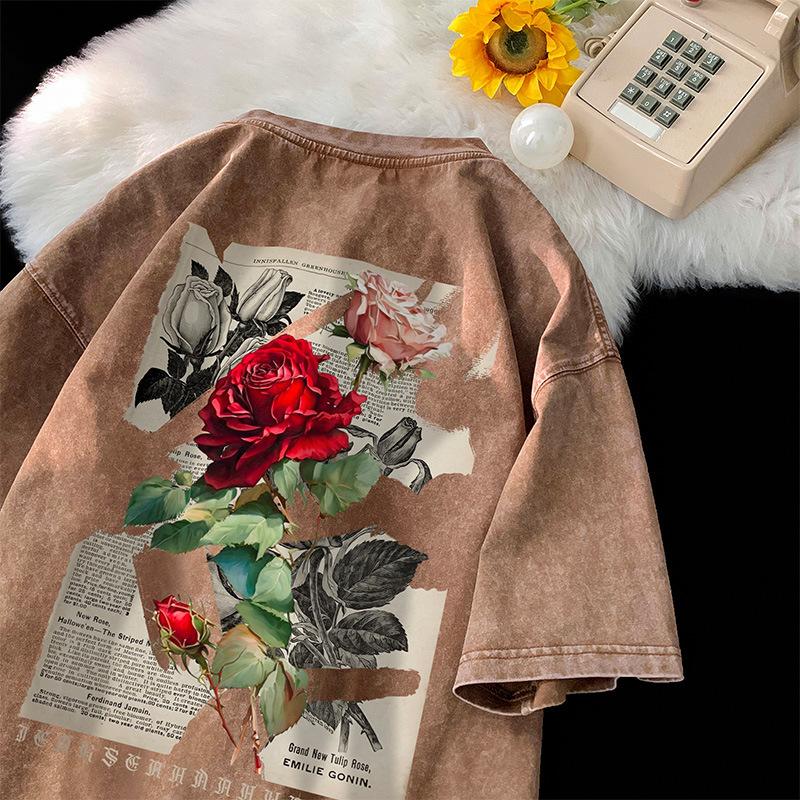 Pure Cotton American Retro Old Washed Black Brown Casual Elegant Rose Print Oversize Loose Short-Sleeved T-Shirt