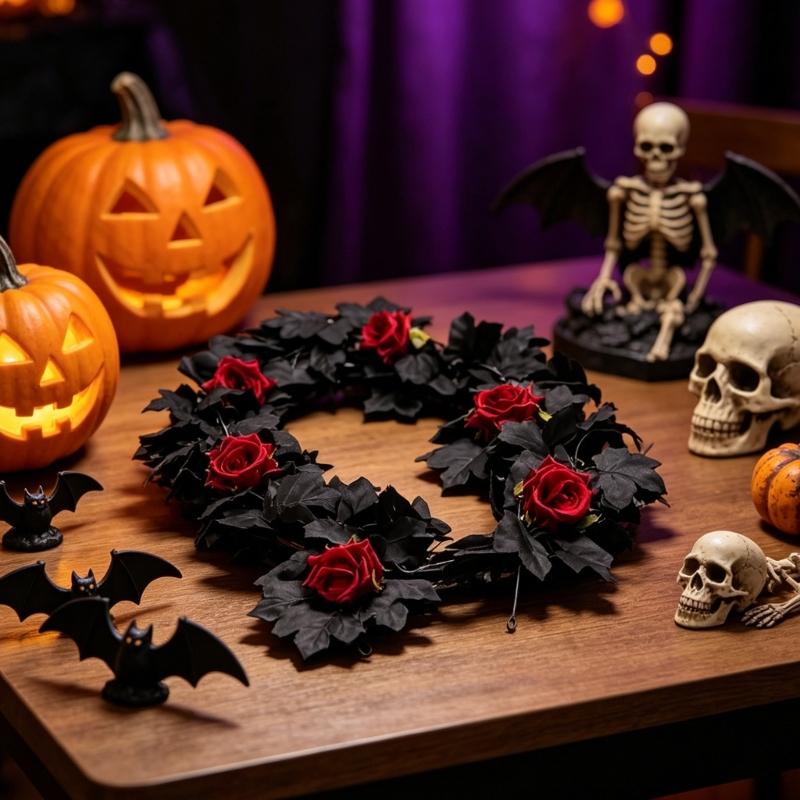 Halloween Schwarzer Ahorn Rosenkette, 65,98 Zoll Seiden-Feiertagsverzierung für Türrahmen, Regal und Heimdekoration Innenbereich