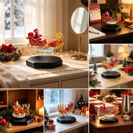 Creative Christmas Gifts for Family Magnetic Levitation Santa Sleigh Decor, Floating Claus Tabletop Rotating Ornament Fireplaces Ornament, Display