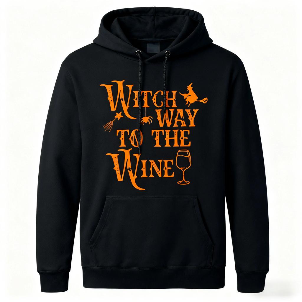 2025 Humorous Halloween Wordplay Print Sweatshirt, Witch Way To the Wine Hoodie, Spooky Fun Top for Adults Winter