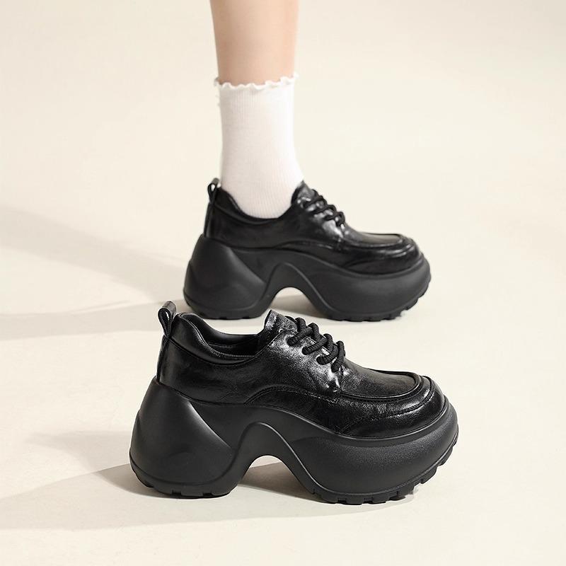 Sponge Cake Platform Women's New Summer Small Man Height Increase Black British Commuter Small Leather Shoes