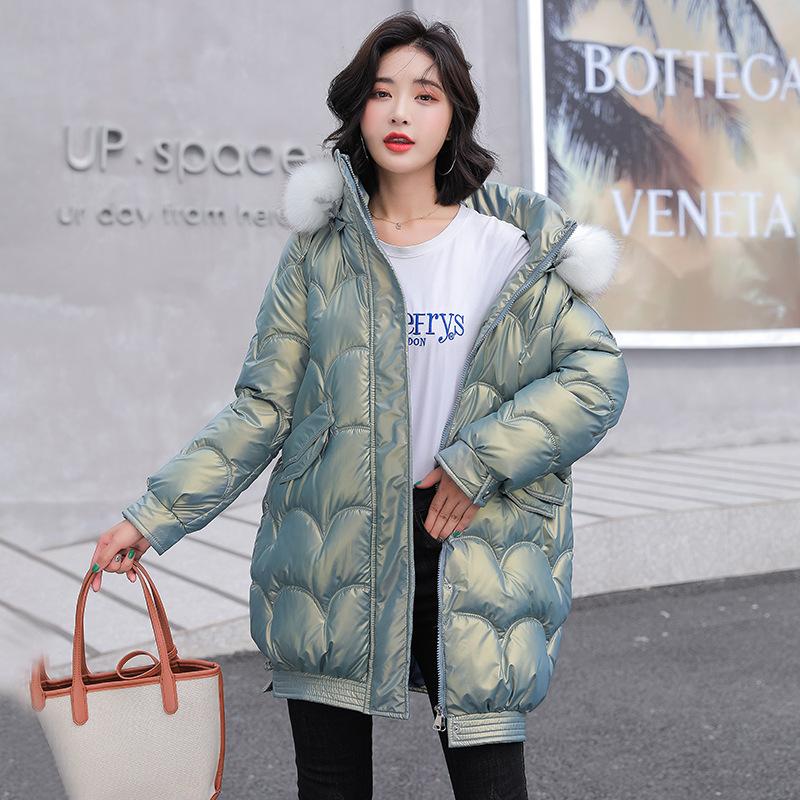Winter New Free Wash Shiny Skin Bread Coat Women's Korean Cotton Coat Loose Medium Length Cotton Coat Winter Wool Collar Cotton Coat