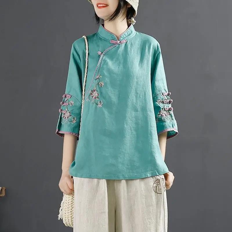Vintage Cotton Linen Shirt Women's Spring Summer Stand Collar Button Embroidered Tea Dress