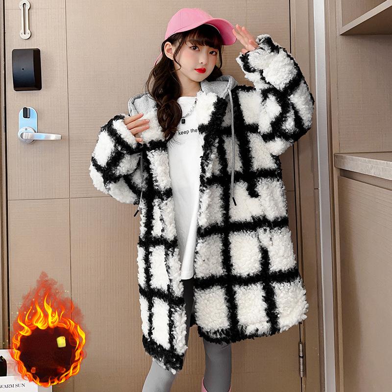 

Модное клетчатое пальто для девочек, зимнее детское повседневное пальто с капюшоном