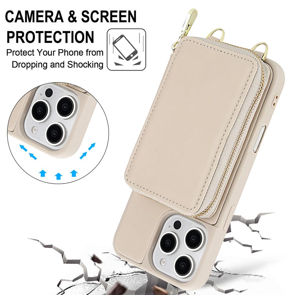 For iPhone 16 Pro Case RFID Blocking Zipper Wallet Leather + TPU Phone Cover with Shoulder Strap