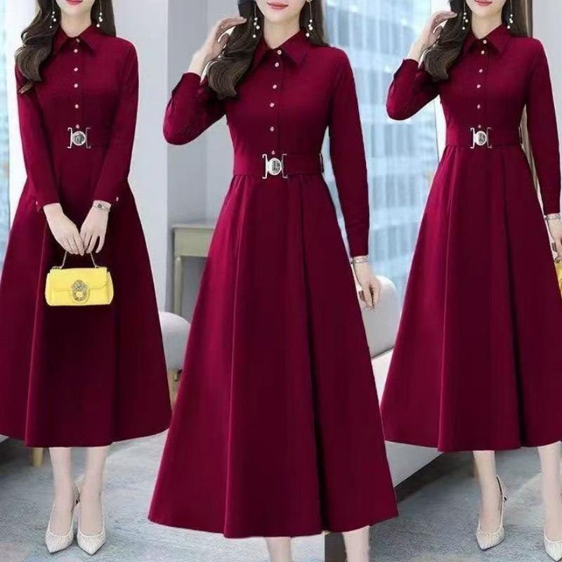 Dignified Solid Color Polo Collar A-line Dress - Women's Long Sleeve, Waist-Cinched Mother's Wear for Spring & Autumn