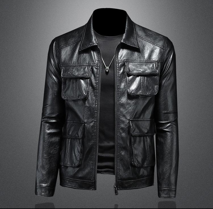 European station new autumn and winter men's lapel locomotive clothing leather jacket trend slim fashion jacket jacket