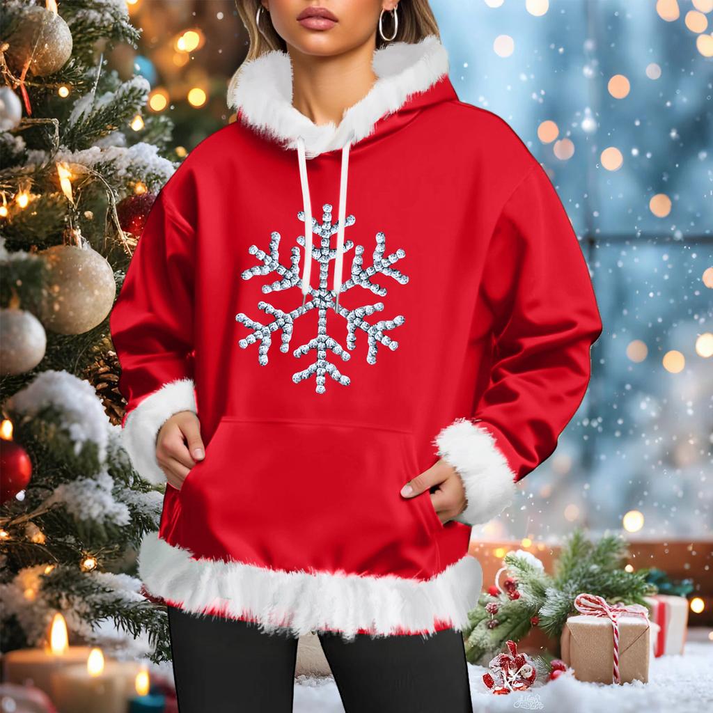 Women's Christmas Casual Fleece-Lined Hoodie With Long Sleeves And Pockets Sweatshirt Top