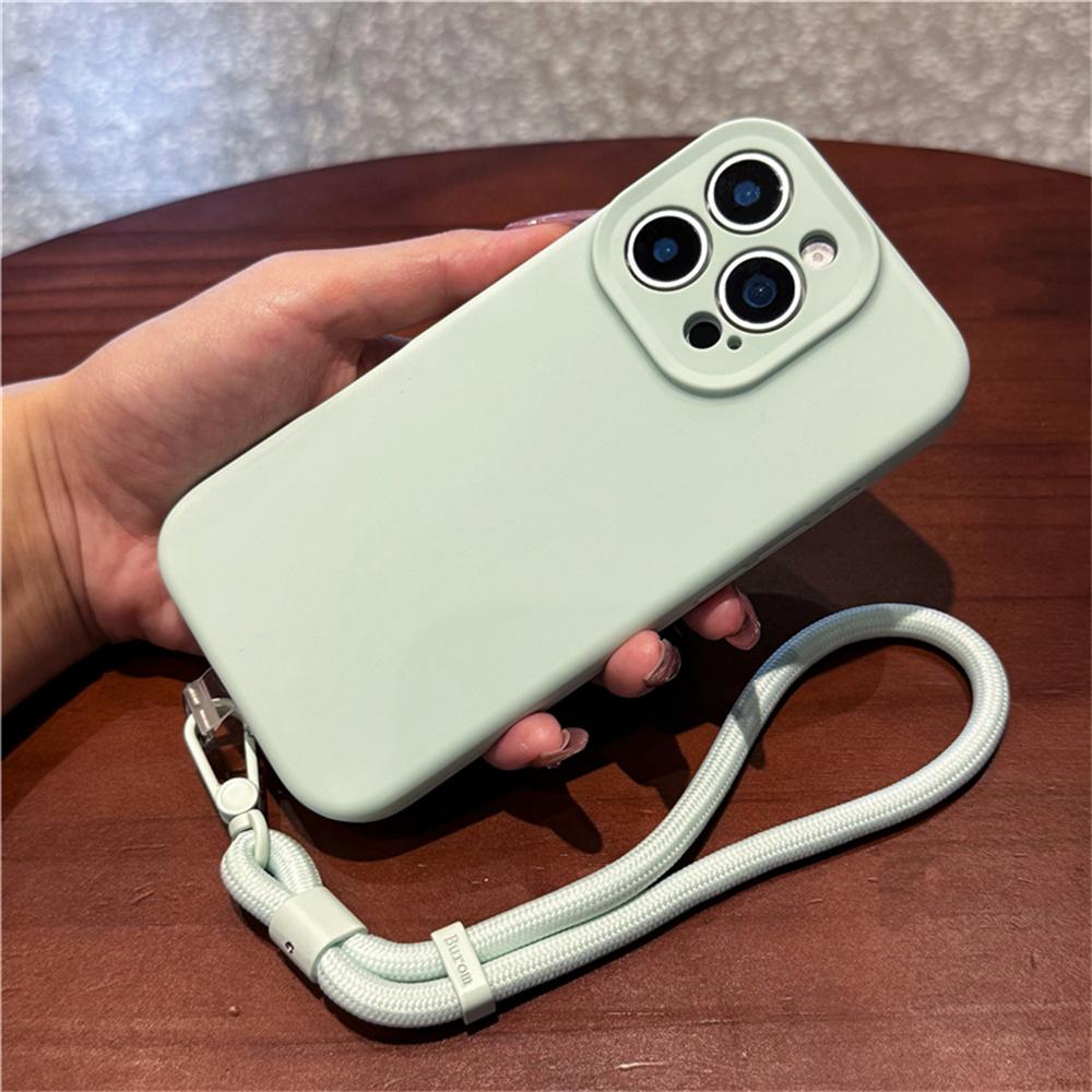 

For iPhone 15 Pro Max Case Precise Cutouts Liquid Silicone + PC Phone Cover with Wrist Strap F