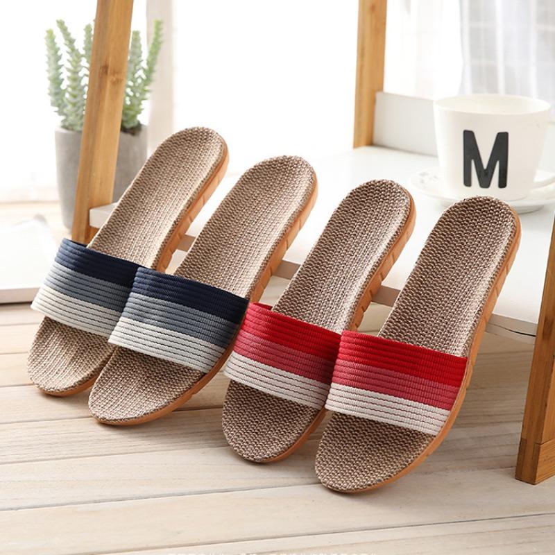 Damen-Sommer-Leinen-Hausschuhe für den Innenbereich, geräuschlos und leicht, für Zuhause, dicke Sohlen, weiche Sohlen, Paar-Holzboden-Hausschuhe