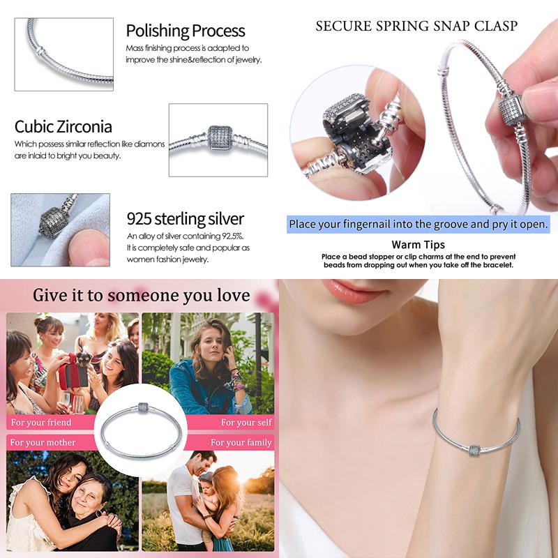 Nuevo en Plata de Ley 925 Original Pulsera de Cadena de Serpiente Se Adapta a Cuentas de Charms Originales de 3 mm Para Mujeres Pulseras de Corazón Joyería Regalos