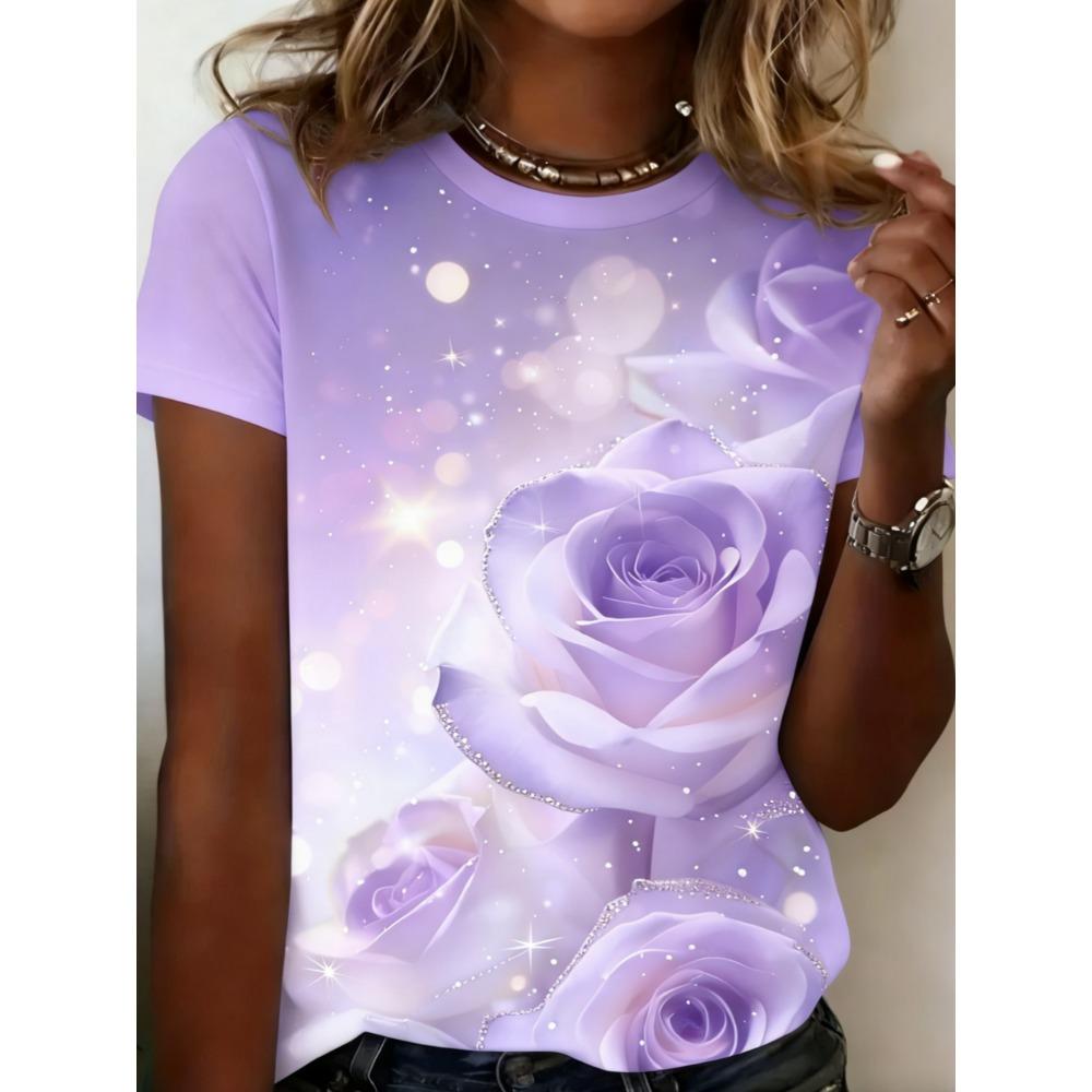 

Жіноча літня футболка з принтом квітів, велика, вільна, повсякденна, модна, зручна, м яка, дихаюча, мінімалістична, для щоденного носіння, з коротким рукавом 6XL фіолетовий