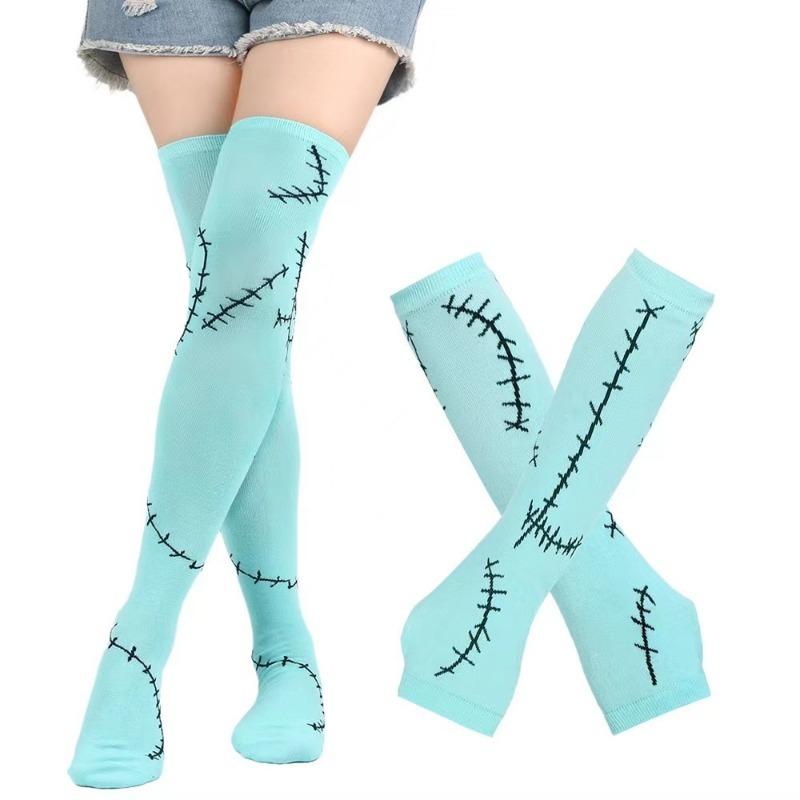 Womens Thigh High Stockings mittens Arm Sleeve Gloves Set Ladies Girl Black White Long Over Above Knee Socks Lolita Halloween
