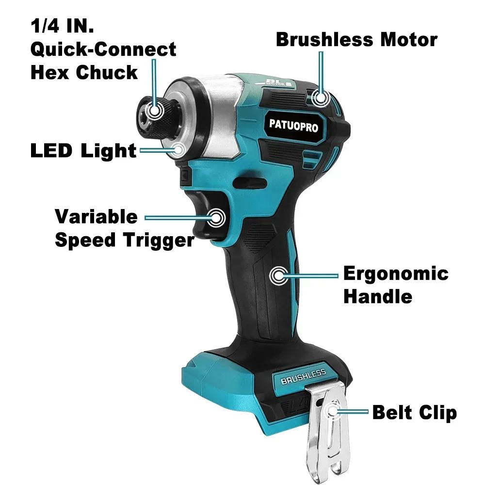 PATUOPRO 1/4 Inch Hex Brushless Electric Screwdriver 5-Speed Cordless Electric Drill Driver Power Tools For Makita 18V Battery