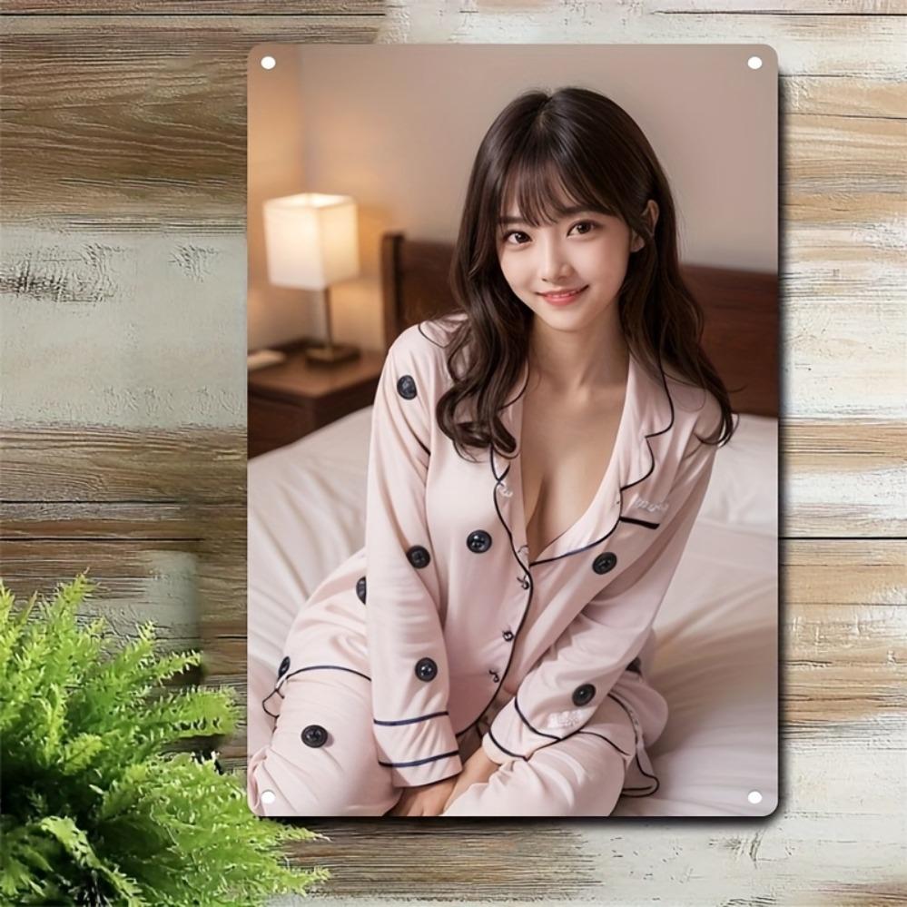 

Sexy Asian Girl in Pink ButtonDown Pajama Set Posing on Bed Metal Tin Sign Vintage Iron Painting Wall Art Decor for Bedroom Li 20x30cm（7.8x11.8inch）