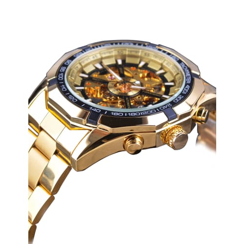 Forsining Men's Mechanical Watch with Golden Stainless Steel Skeleton, Transparent and Waterproof