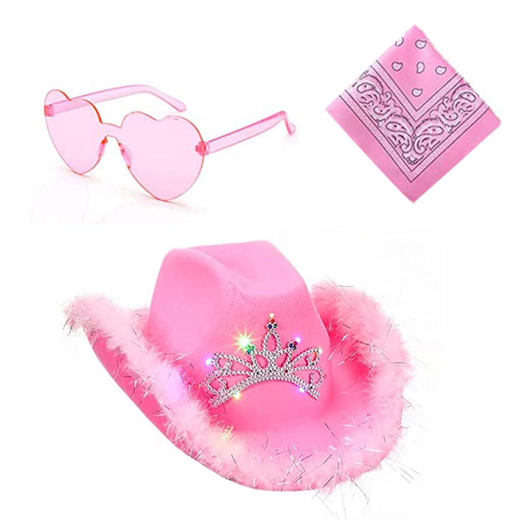 LED Cowboy Hat Bandanas & Sunglasses Costume Set Women Pink Cap Musical Festival Dress Up Hat Bachelorette Party Props