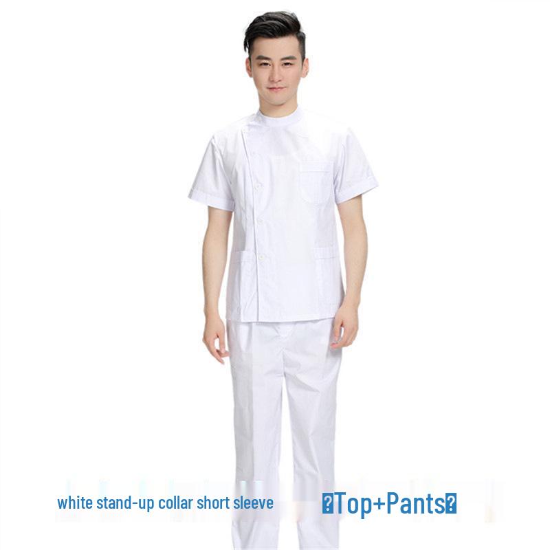 

Стоматологическая рабочая одежда: Унисекс комплект из двух предметов со стойкой, боковой планкой и белым халатом с длинным/коротким рукавом S