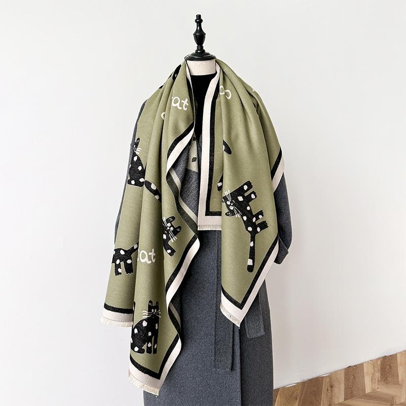 Winter Imitation Cashmere Scarf Women'S Double-Sided Cartoon Cat Shawl Warm Long Sweet And Cute Fringed Dual-Purpose Scarf