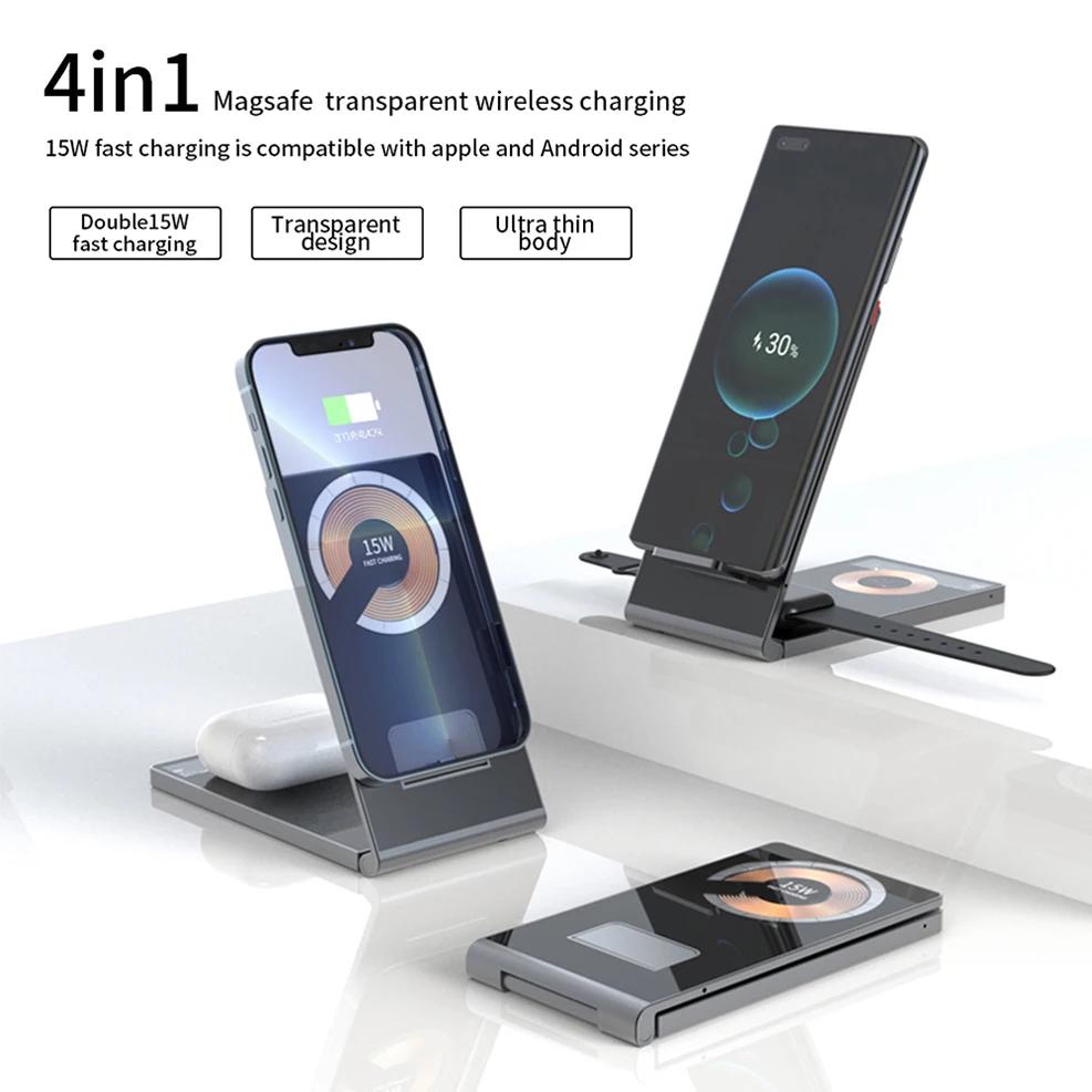 Double 15W Foldable Transparent Magnetic Qi Wireless Charger Stand For iWatch iPhone 15 14 13 Pro AirPods Fast Charging Station