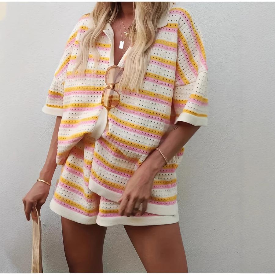 

Новый женский модный комплект из шорт с коротким рукавом в стиле колор-блок, пэчворк, с воротником-стойкой и полосками S