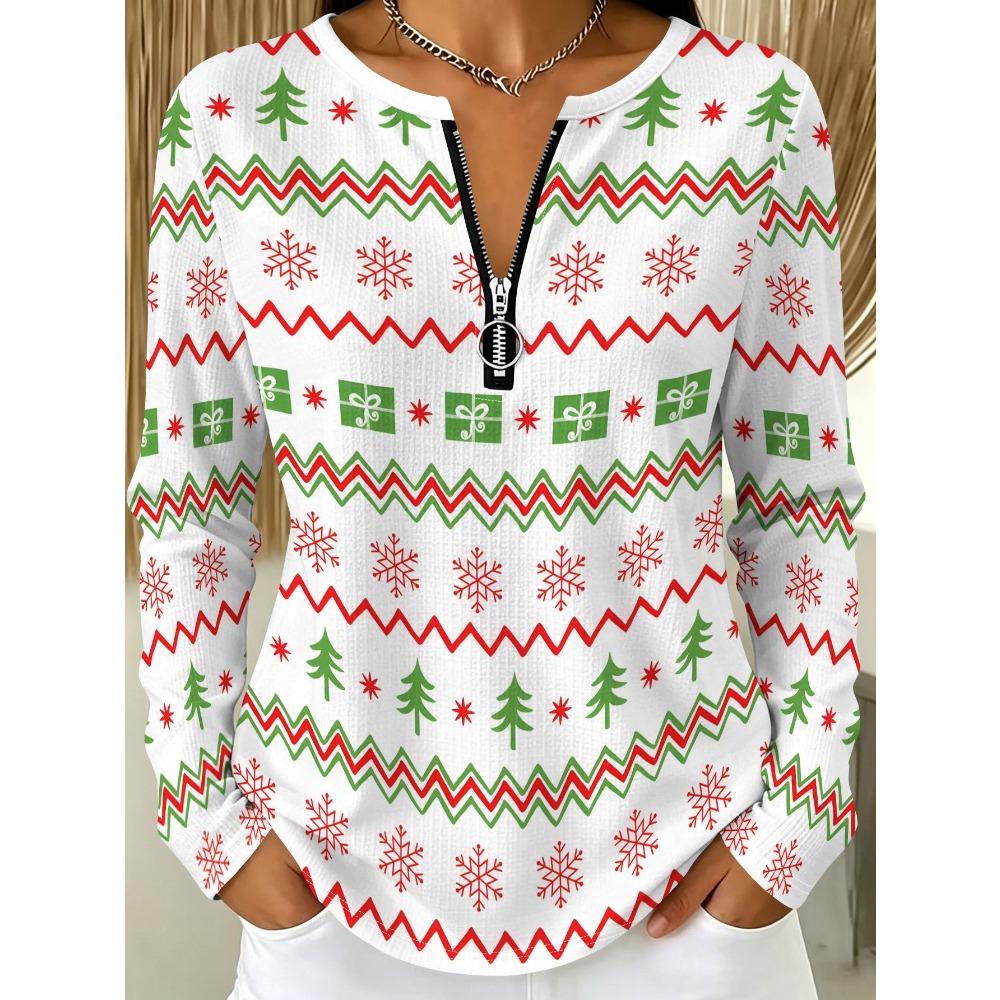 Women's half-zipper long-sleeved T-shirt Christmas style red and green pattern print casual daily commute