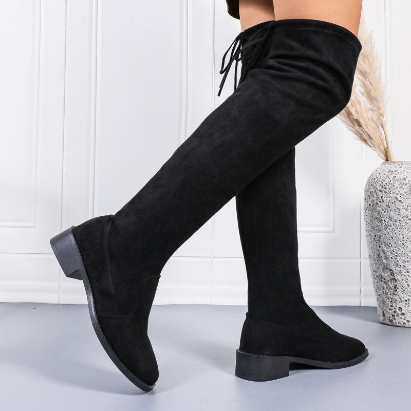 2024 Autumn Zipper Elastic Knee-high Boots for Women Tube Lace-up Thigh Gigh Boots Black Botas Faux Suede Female Heels Mujer