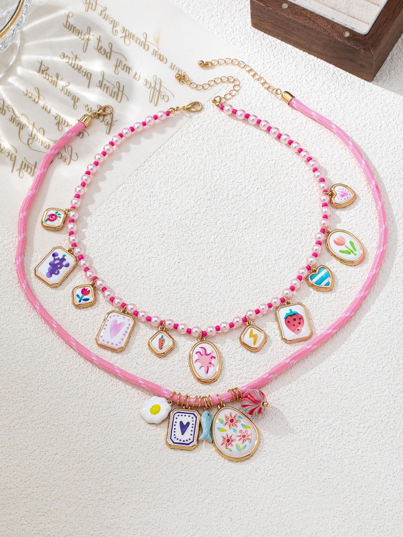 Dopamine Color Print Love Beach Vacation Pearl Geometric Multi-Element Pendant Necklace