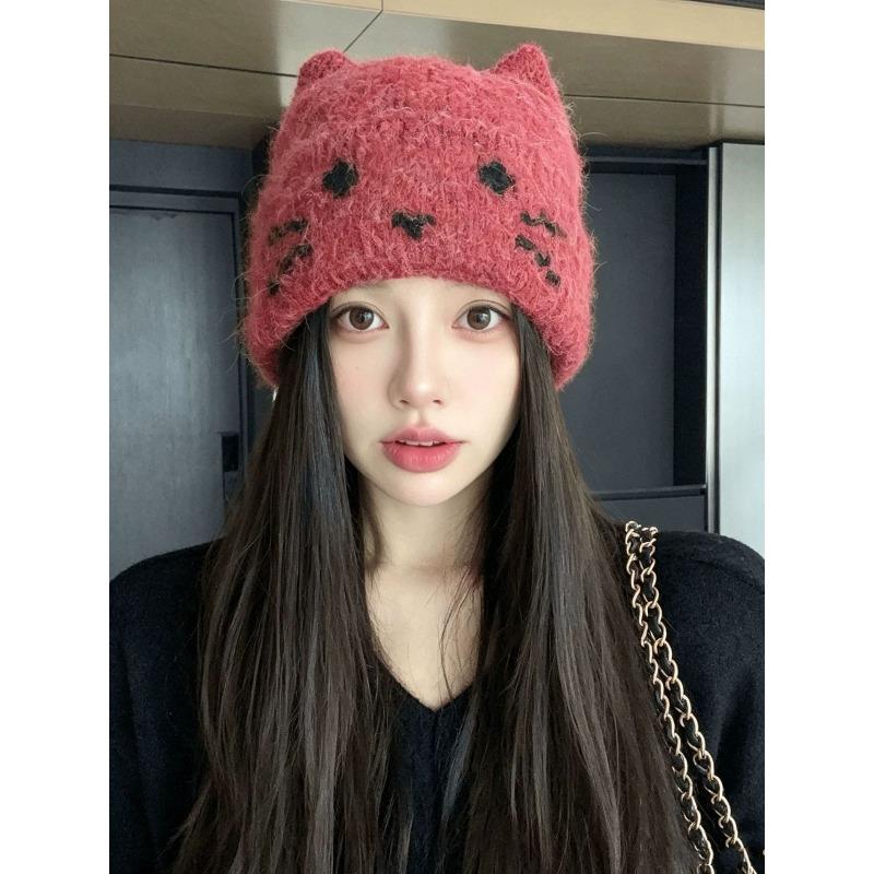 Korean cat ears cute knitted hat women's autumn and winter cold and warm ear protection wool hat sweet versatile bald hat