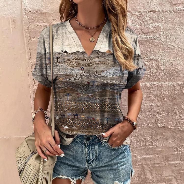 

Women s Summer Floral Print V-neck Short-sleeved Pullover T-shirt Fashion Top XXXXXL