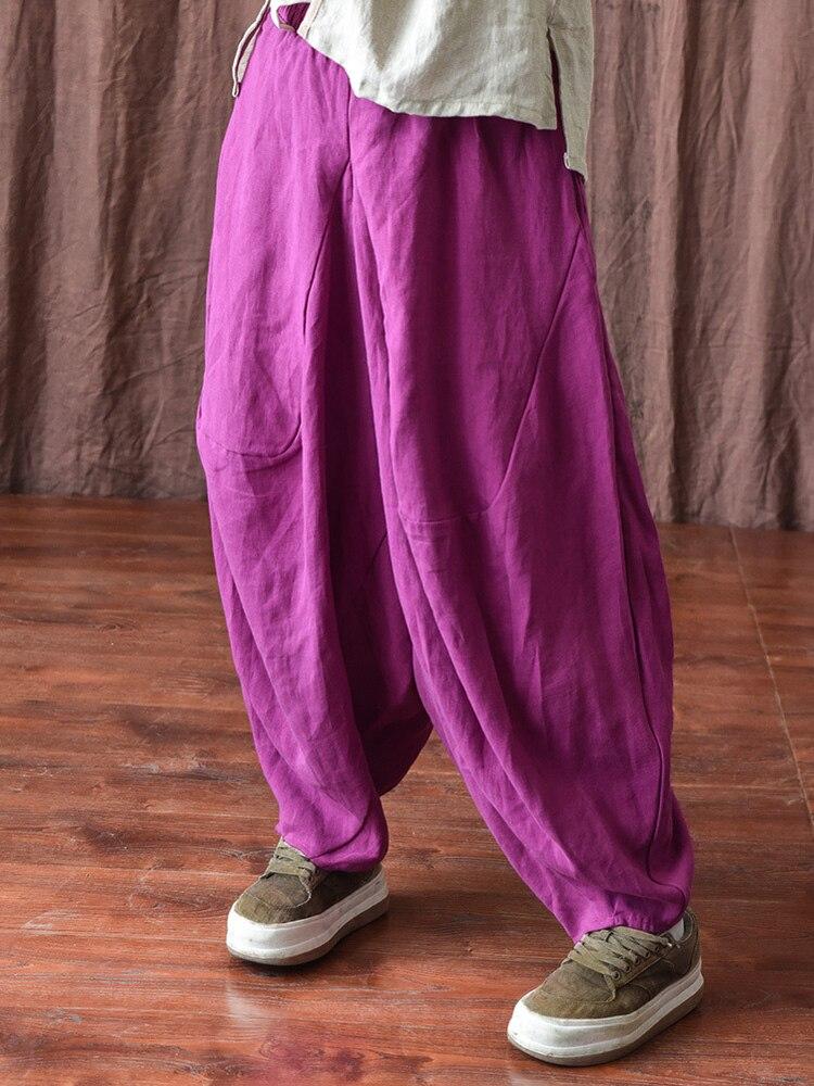 Johnature Women Casual Linen Wide Leg Pants Elastic Waist Solid Color Elastic Waist Trouser Autumn Loose Vintage Pants
