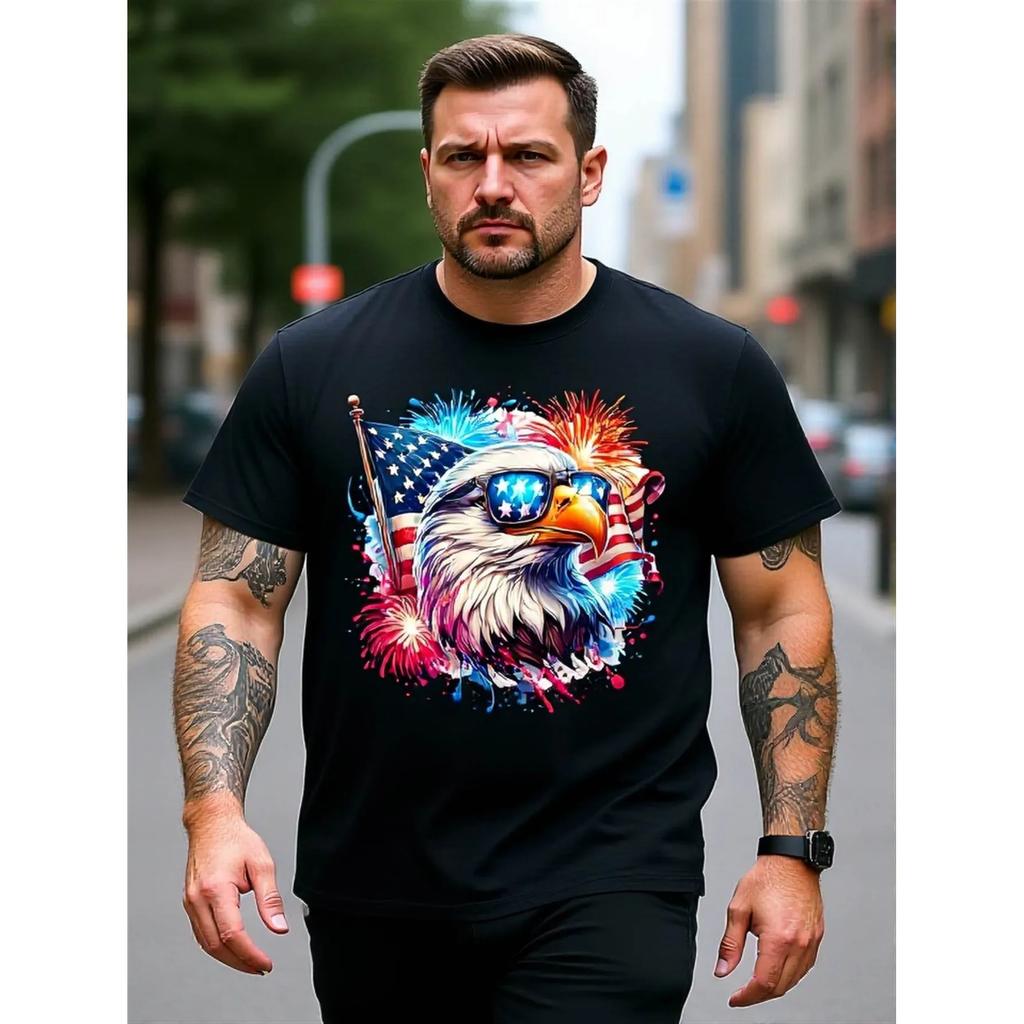 Patriotic Eagle Sunglasses American Flag Men's Graphic Tee Short Sleeve Crew Neck Casual T-Shirt