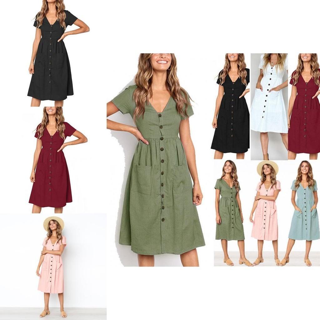 Nrj 2020 Hot Sale V-neck Button-up Short Sleeve Women's Dress With Pockets