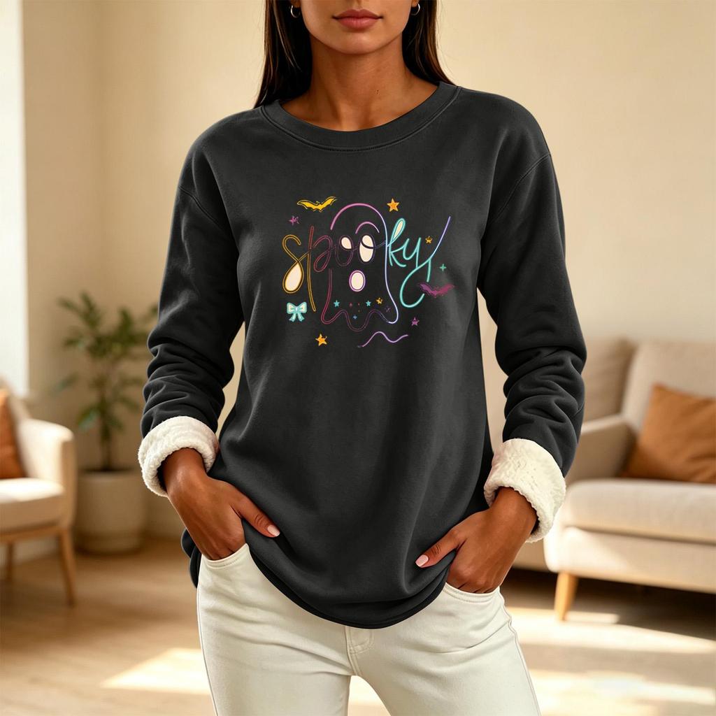 Women's Long Sleeve Round Neck Top with Halloween Print, Cozy Winter Casual Pullover