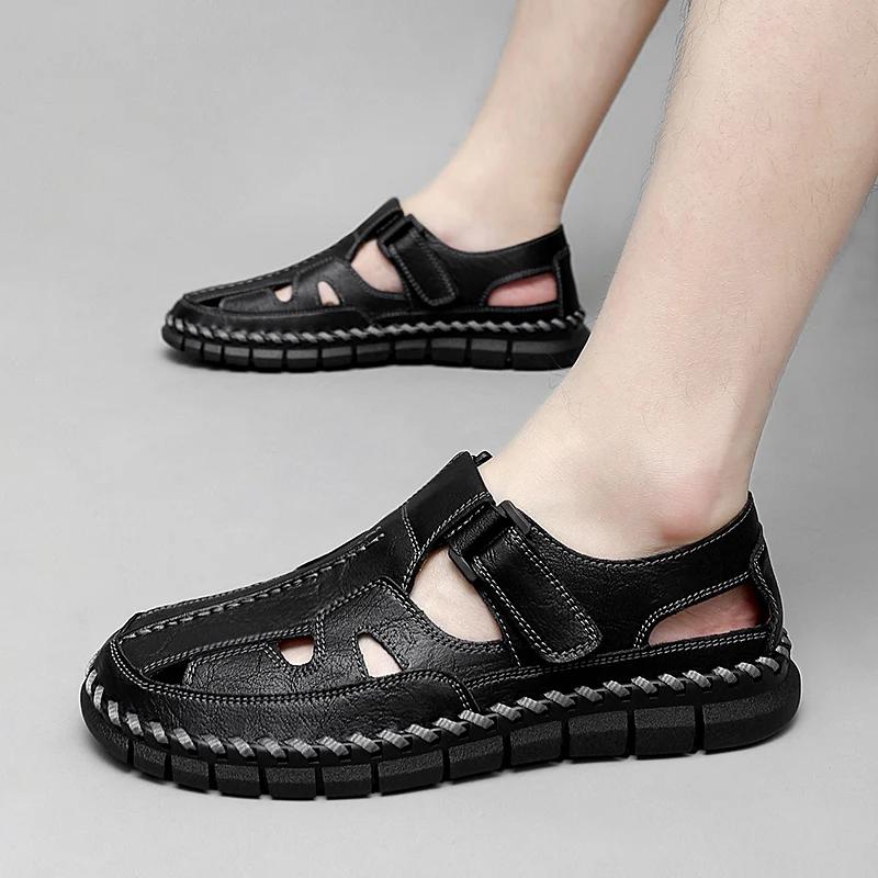 Fashion Mens Handmade Casual Leather Sandals Classic Men Beach Shoes Summer Outdoor Walking Male Sneaker Breathable Man Hollow Out Flats