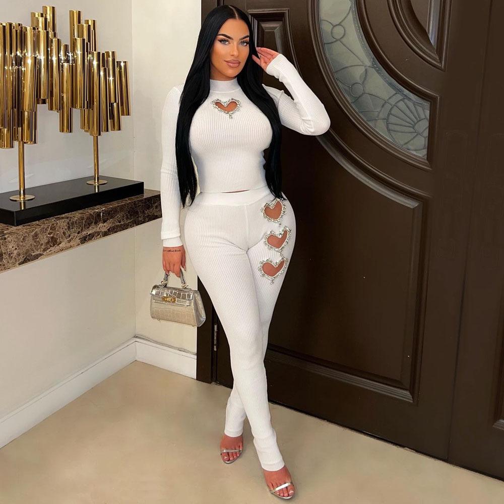 Two Piece Sets Wome Sexy Solid Pant Set Turtleneck Full Sleeve Slim Fit Tops Hollow Out High Waist Long Pants Sheath